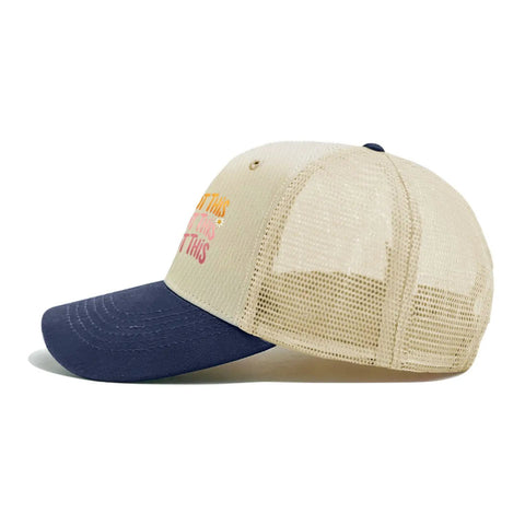 Side view of Breathable Athletic Trucker Cap For Men With Adjustable Buckle A Cool Modern Baseball Hat showcasing mesh back and blue brim
