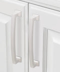 10 Pack 5 Inch Brushed Satin Nickel Cabinet Handles for kitchen cabinets installed on white cabinet doors