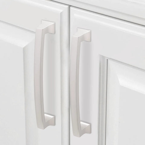 10 Pack 5 Inch Brushed Satin Nickel Cabinet Handles for kitchen cabinets installed on white cabinet doors