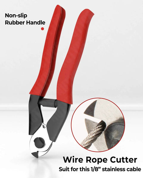 Wire rope cutter with red non-slip handles for 1/8 Inch T316 Stainless Steel Cable For Deck Railing, showing blade cutting cable.