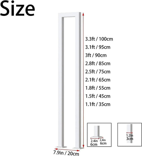 Rock Solid White Wrought Iron Handrail U Shaped Guardrail size chart showing various heights for stair support bar.