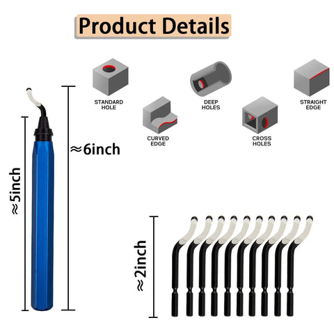 All In One 3D Printer Finishing Kit With 25 Piece Deburring Set, 12 Versatile Blades for different edge types, size details