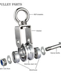 Detail view of Beefy Two Pack Heavy Duty Cable Pulley Block Wheels with rotatable bracket and stainless steel roll parts displayed