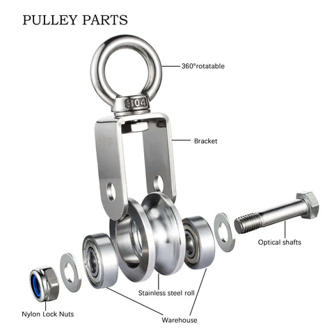 Detail view of Beefy Two Pack Heavy Duty Cable Pulley Block Wheels with rotatable bracket and stainless steel roll parts displayed