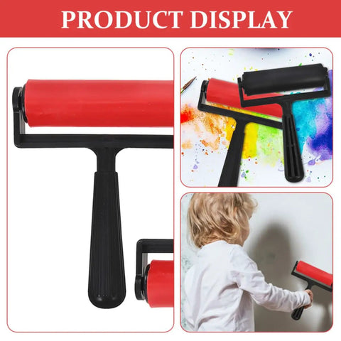 3 Pack Slick Glide Plastic Ink Rollers For Printmaking And Diamond Art Projects With Top Tier Build For Hassle Free Even Paint Spread And Legit Durable Home Craft Stamping Tool Set displayed with a child using a red brayer.