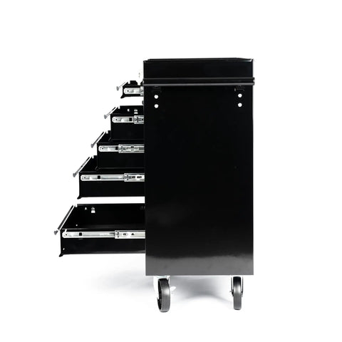 Side view of 7 Drawer Heavy Duty Rolling Tool Chest Cabinet With Locking Storage For Garage And Workshop Black Durable Steel Build