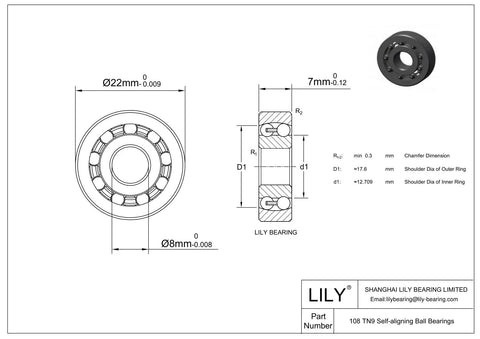 8x22x7mm Self Aligning Ball Bearings Set For Motors And Conveyors, Low Noise, High Speed, Misalignment Compensation, Chrome Steel Construction For Tough Industrial Use Boss Grade Reliability. technical drawing of 8x22x7mm self-aligning ball bearing