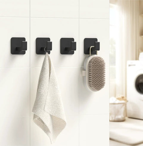 Heavy Duty Matte Black Self Adhesive Hooks Two Pack Square Aluminum Alloy Wall Mounted Rust Proof Bathroom Kitchen Towel Hangers Way Stronger Than Cheap Adhesive Tape Just Peel And Go