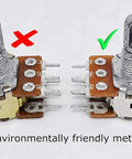 Comparison of two A100K potentiometers from Dope 50 Piece Dual Gang Stereo Potentiometer Kit, highlighting environmental metal shell.
