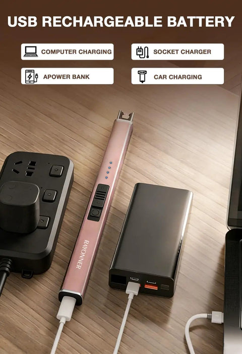 Electric USB Lighter For Candles And Outdoor Camping Rechargeable Arc Lighter with charging options on table