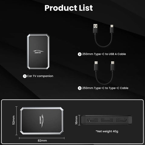 Car TV Mate Pro Wireless CarPlay Adapter 2 In 1 Magic AI Box with Type-C cables and dimensions displayed