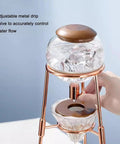 Polished Glass Cold Brew Coffee Maker Featuring Precise Drip Valve And Rugged Stainless Steel Base, 500ml dripper with wood base.