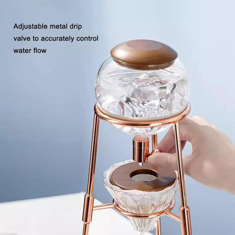 Polished Glass Cold Brew Coffee Maker Featuring Precise Drip Valve And Rugged Stainless Steel Base, 500ml dripper with wood base.
