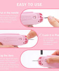 Close-up steps to use Clothing Repair Gun Kit With 5mm Mini Fasteners In Black And White, pink handle sewing tool operation