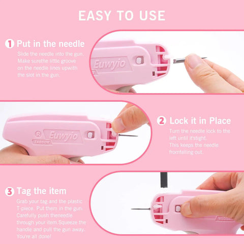 Close-up steps to use Clothing Repair Gun Kit With 5mm Mini Fasteners In Black And White, pink handle sewing tool operation