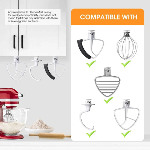 Four Pack Stand Mixer Attachment Organizer For KitchenAid Accessories With Flex Edge Beater Flat Beater Dough Hooks And Wire Whip Universal Holder Rack For Grab And Go Access And Kitchen Counter Space installed on wall with hooks