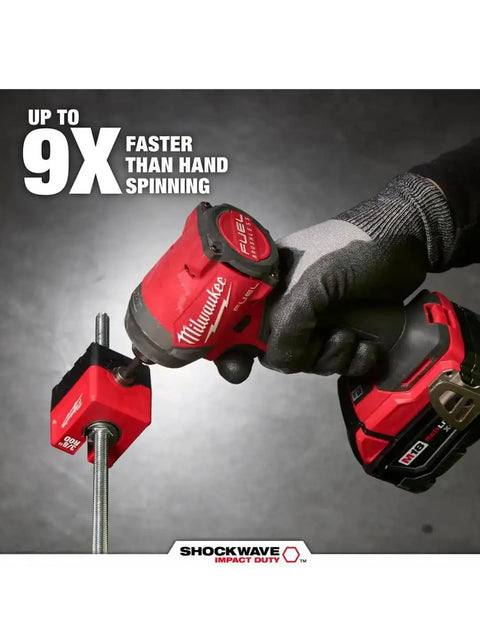 Heavy Duty 3/8 Inch Impact Nut Runner Featuring Slick Side Access Profile Fast Track Threaded Rod Assembly Tool Pro Gear Quick Run And Fasten Action No Brainer Site Workhorse in use, tightening a hex nut on threaded rod.