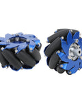 Pair of blue aluminum 4in Mecanum wheels with TPU rollers for robots