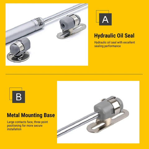 Two Pack Gas Stay Hinge Set With Zinc Alloy Soft Close Cabinet Hinges, hydraulic oil seal and metal mounting base details