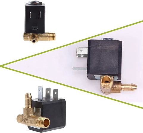 Heavy Duty Brass Solenoid Valve For Coffee Machines G1/8 Cannula Connection Normally Closed Ac 230V, showing brass body and terminals.