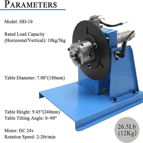 Lightweight Rotary Welding Positioner featuring smooth rolling base, 7.08 in chuck, 90-degree tilt and 10kg capacity for metal work.