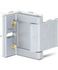 Two Pack Top Of Door Latches Silver Door Reinforcement Lock For Home And Hotel Security With Aluminum Construction And Stainless Steel Screws Easy Install For Swinging Doors In Apartments Or Hotels, showing product dimensions.
