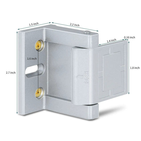 Two Pack Top Of Door Latches Silver Door Reinforcement Lock For Home And Hotel Security With Aluminum Construction And Stainless Steel Screws Easy Install For Swinging Doors In Apartments Or Hotels, showing product dimensions.