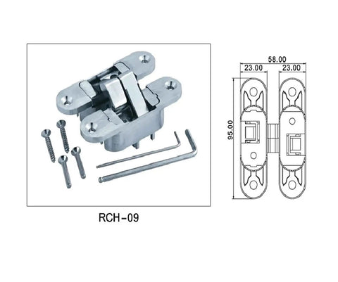 Two Pack Adjustable Flush Wood Door Hidden Concealed Hinges, 95 X 23 mm Invisible Entry Door Hinge Set diagram and screws.