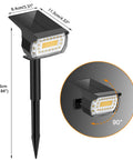 8 Pack Solar Powered Spot Lights Outdoor With 76 LED For 700 Lumens Warm White, showing size and adjustable angles for yard installation