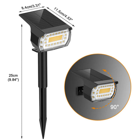 8 Pack Solar Powered Spot Lights Outdoor With 76 LED For 700 Lumens Warm White, showing size and adjustable angles for yard installation