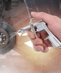 Pneumatic Air Blow Gun With Lightweight Aluminum Alloy Construction being used to clean a car wheel with powerful air stream.
