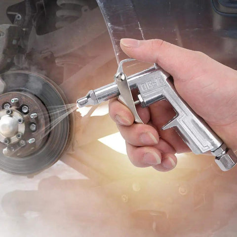 Pneumatic Air Blow Gun With Lightweight Aluminum Alloy Construction being used to clean a car wheel with powerful air stream.