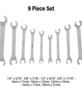9-piece set of flare nut wrenches in fully polished chrome, includes SAE and metric sizes, for automotive brake lines and fittings.