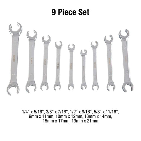 9-piece set of flare nut wrenches in fully polished chrome, includes SAE and metric sizes, for automotive brake lines and fittings.