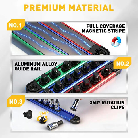 Pro Grade 21-Piece Hex And Torx Socket Set With Magnetic Rail Organizer showing magnetic stripe, alloy guide, rotation clips