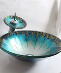 USZWBY Blue and Gold Pattern Tempered Glass Vessel Sink for Bathroom Countertop Basin Sink Mounted Bowl with elegant design.