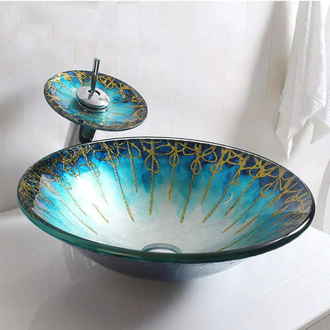 USZWBY Blue and Gold Pattern Tempered Glass Vessel Sink for Bathroom Countertop Basin Sink Mounted Bowl with elegant design.
