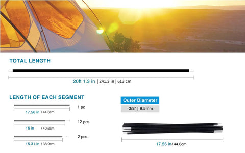 Replacement Tent Poles 20ft Long 1.3 Inch Outer Diameter 9.5mm Three Eighths Inch T6 Heated Aluminum Alloy Rod shown in segments