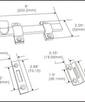Diagram of Heavy Duty Surface Bolt in Steel 8 Inch Length Brushed Chrome Finish with Universal Top Strike and Mortise Bottom Strike.