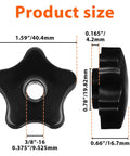 Heavy Duty Black Star Knobs Set, 3/8-16 Wing Nuts With Female Thread, 4 Pack, dimensions labeled, top and side view.