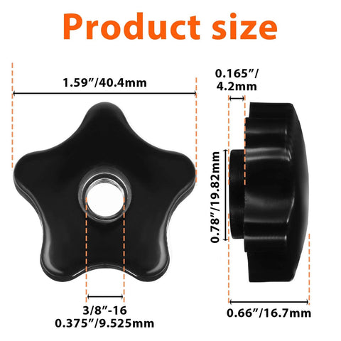 Heavy Duty Black Star Knobs Set, 3/8-16 Wing Nuts With Female Thread, 4 Pack, dimensions labeled, top and side view.