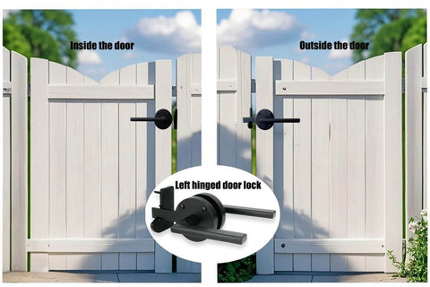 Double Sided Gate Latch for Wooden Fence And Wood Gate Heavy Duty Swinging Door Latch Self Locking Gate Hardware For Wood Gates Left Hinged Door Handle Adjustable For Various Door Thicknesses installed view