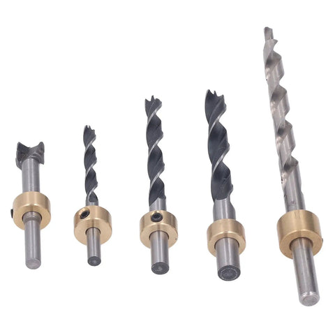 Top Notch 5 Piece Pocket Hole Drill Bit Set Made From High Speed Steel With Adjustable Depth And Three Knife Points For Super Clean Woodworking Holes In Just About Any Project You Got Going On, five bits shown
