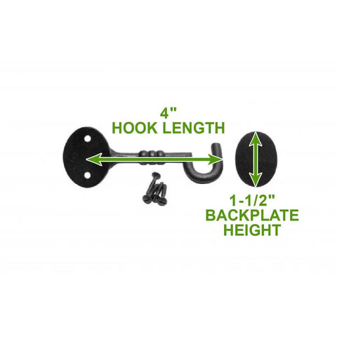5 Inch Wrought Iron Hook And Eye Door Latch With Mounting Hardware, Rust Resistant Black Powder Coat Finish, diagram showing dimensions
