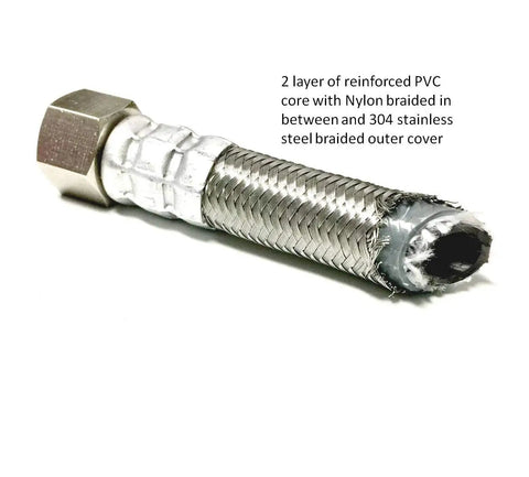 Close-up of Ten Foot Stainless Steel Braided Dishwasher Hose With Burst Proof Water Supply Line Three Eighths Inch Compression