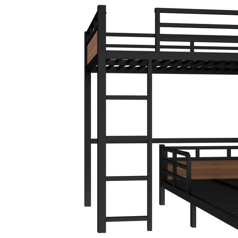 Side view of Detachable Twin XL Bunk Bed with Metal Guardrails in Walnut Finish highlighting the ladder and platform