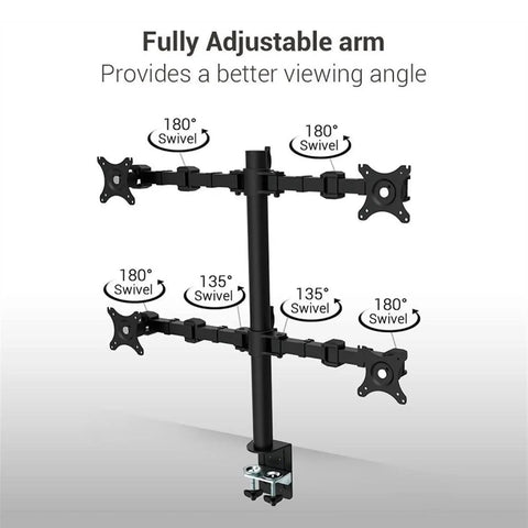 Heavy Duty Workhorse Quad Monitor Stand For Four Screens Up To 30 Inch Vesa Desk Mount with adjustable swivel arms.