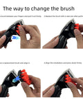 Close-up of replacement brush head for Bissell Little Green Machine; black housing with red bristles, 3-inch size