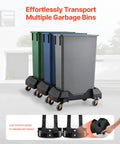 Heavy Duty Trash Can Dolly Featuring Slick 4 Way Swivel Casters Fitting 16 And 23 Gallon Bins Built Tough For No Sweat Waste Moving Up To 200 Lbs Capacity with three bins on wheels.