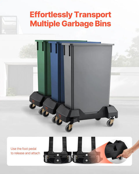 Heavy Duty Trash Can Dolly Featuring Slick 4 Way Swivel Casters Fitting 16 And 23 Gallon Bins Built Tough For No Sweat Waste Moving Up To 200 Lbs Capacity with three bins on wheels.